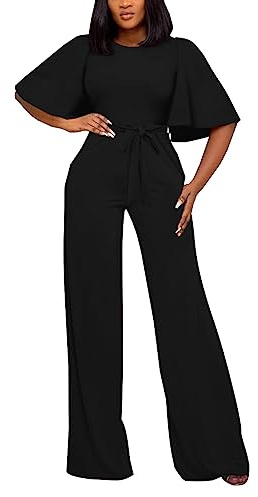 BessCops Women Casual Loose Short Sleeve Belted Wide Leg Pant Romper Jumpsuits Black