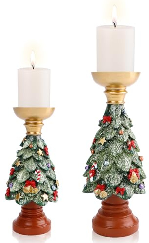 CXRYLZ-FUR 2 Portavelas de Árbol de Navidad, Decoracion Candelabros para Velas de Pilar, Porta Velas Navideñas de Resina para Centro de Mesa Decorativo Salon, Adornos Salon
