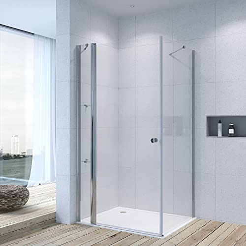 Duschtür mit Seitenwand Duschkabine Eckeinstieg 110x90x197cm Eck Dusche Drehtür Schwingtür Pendeltür mit Duschablage 6mm Sicherheitsglas(ESG) klar mit NANO-Beschichtung Heb-/Senk-Technik Chromoptik