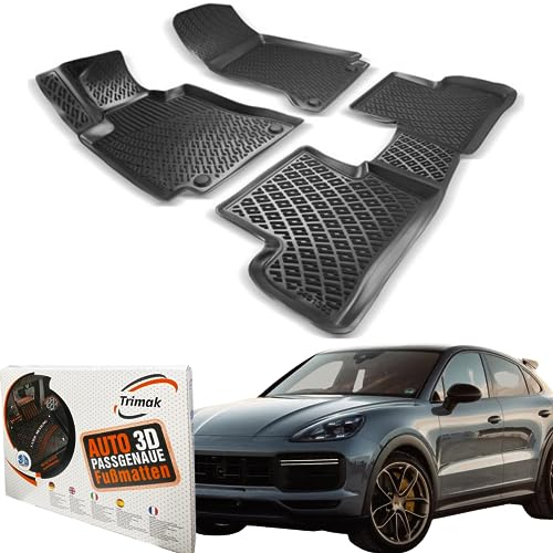 Trimak Passgenau 3D Fussmatten Auto Kompatibel mit Porsche Cayenne 3 Gen 2017-2023 Auto Zubehör 1. und 2. Reihe Gummimatten Autos TPE Allwetter Geruchlos rutschfest Vorne & Hinten Schwarz