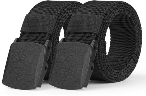 Aomig Cinturón de Nylon, 2pcs Cinturón Canvas sin Agujeros para Hombre, Cinturón Trenzado con Hebilla Plástica para Hombre, para Pantalones Vaqueros, Pantalones Informales (Negro)