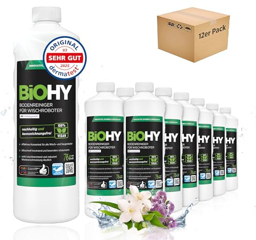 BiOHY Nettoyant pour sols pour robots de nettoyage avec une senteur fraîche de printemps (12 x 1l Bouteille) | Concentré de nettoyant pour tous les robots de nettoyage (Wischroboter Frühling)