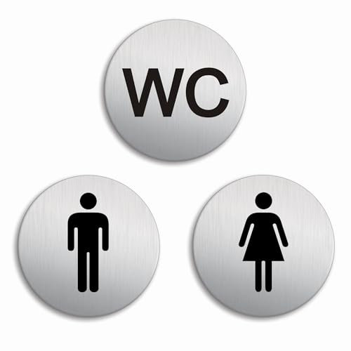 Schild WC + Damen + Herren 3er Set Ø 100 mm Toilettenschild Edelstahloptik selbstklebend No.53260-K