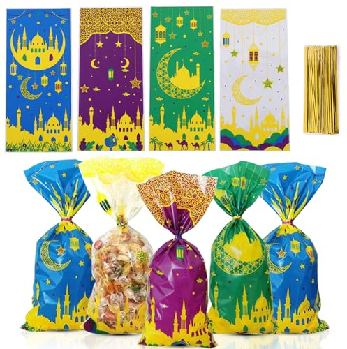 100 Stk Eid Mubarak Partytüten, Ramadan Geschenktüten, Eid Mubarak Party Favor Taschen mit 100 Golden Twist Krawatten, Moschee Cellophan Plastik Geschenktasche für Party Deko (4 Farbe)