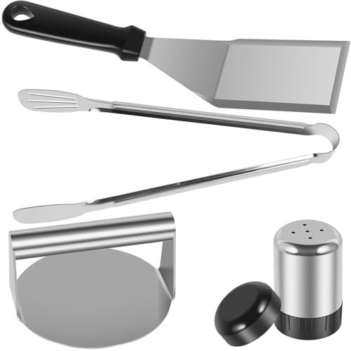 Smashed Burger Kit, Food Grade Stainless Steel Burger Press Set, Meat Steak Burger with Frying Spatula Food Tong Meat Press and Pepper Shaker for Burger Steak Dishwasher Safe and Easy to Clean