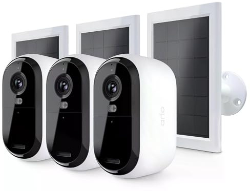 Arlo Essential 2 2K + Panneau Solaire, Caméra de Surveillance WiFi Extérieure Sans Fil, Autonomie de 6 mois, Vision Nocturne Couleur, Audio Bidirectionnel, Essai Arlo Secure Inclus, 3 Caméras Blanc