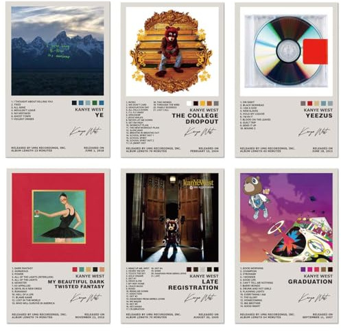 TUOCYERD Kanye West Poster Set of 6 Album Cover Posters Music Posters for Room Aesthetic Music Album Wall Art for Teens Room Decor 8x12inch Unframed