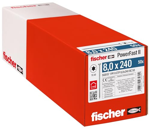 Fischer Viti per Legno e Costruzioni PowerFast FPF II CTP 8,0x240, Filettatura Parziale, Testa Svasata Piana, Impronta Torx, Zincata Bianca, 50 Pz, 568157