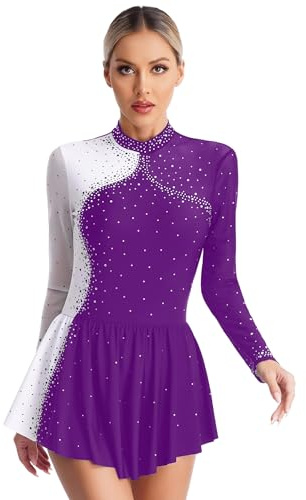 Freebily Abito Pattinaggio Artistico Donna Chiffon Vestito Balletto Danza Classica Tutu Ballerina con Strass Dancewear Body Ginnastica Ritmica Leotards Viola M