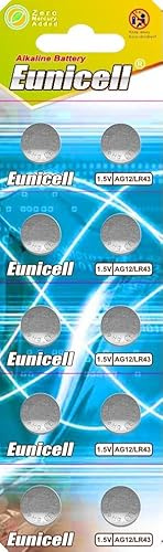 EUNICELL AG12 LR43 386A 1,5 V 100 mAh, 10 stycken för klockor och LED-leksaker | 10 EUNICELL AG12/LR43 alkaliska knappceller med 1,5 V och 100 mAh för kompatibla klockor, räknare, leksaker och LED.