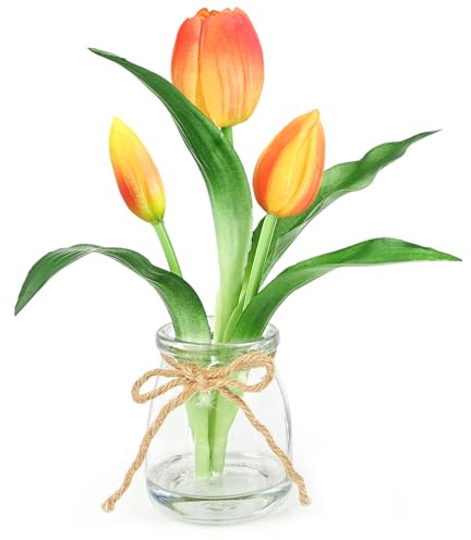 Lovmeety Tulipes artificielles dans un vase, tulipes au toucher réaliste avec fleurs orange d'eau artificielles avec vase, centre de table floral pour la maison, le bureau, la fête, la décoration de