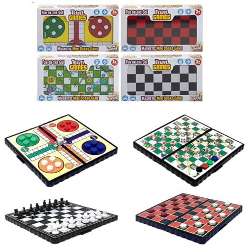LND Gifts Travel Games Magnetic Mini Board Games Set, Games: Draughts, Chess, Ludo, Snakes & Ladders - Holiday Essentials for Kids Travel Games, Plane Activities, Camping Kids Travel Activity Packs.