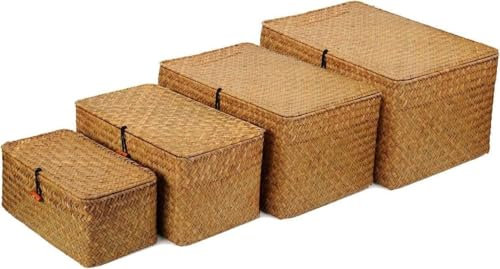 4 Pack Wicker Storage Baskets, Woven Rattan Storage Box with Lid, Rectangular Seagrass Baskets, Stackable Wardrobe Organizer for Shelf Organizer, 4 Sizes