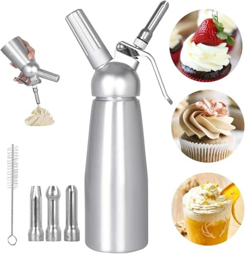 Funthy 500ml Siphon Chantilly, Syphon à crème en Aluminium avec 3 Douilles en Acier Inoxydable et 1 Brosse de Nettoyage, pour décoration gâteaux d'anniversaire pâtisserie crème glacée et Desserts