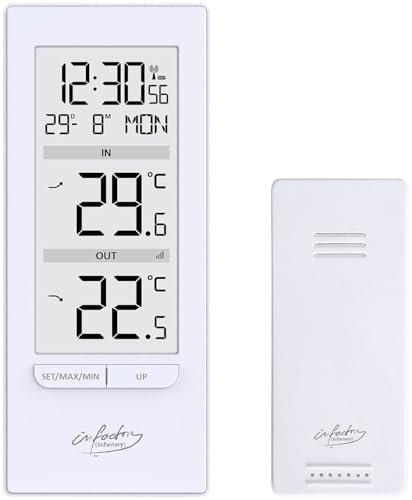 infactory Funkthermometer: Digitale Temperaturstation mit Innen-/Außenthermometer, Funkuhr, weiß (Funk-Thermometer mit Außensensor, Thermometer Digitale Küche, Küchenuhr)