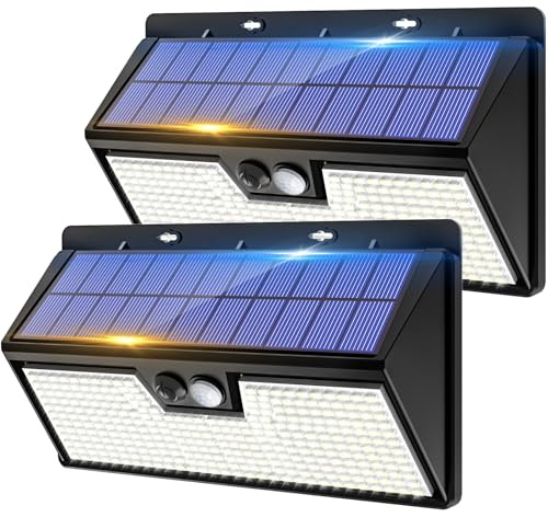 2 Pack Solar Security Lights Outdoor Motion Sensor, 318LED Super Bright Led Solar Powered Light with 3 Lighting Modes, IP65 Waterproof Wireless Pir Wall Lights for Outside Garden Fence Yard Path