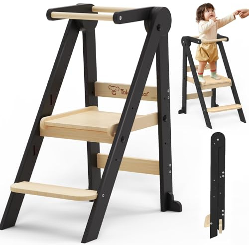 Foldable Toddler Kitchen Stool Helper, Toddler Standing Tower with 3 Adjustable Heights, Collapsible Wooden Step Stool for Kitchen & Bathroom, Montessori Learning Helper Tower for Toddlers Aged 1-6