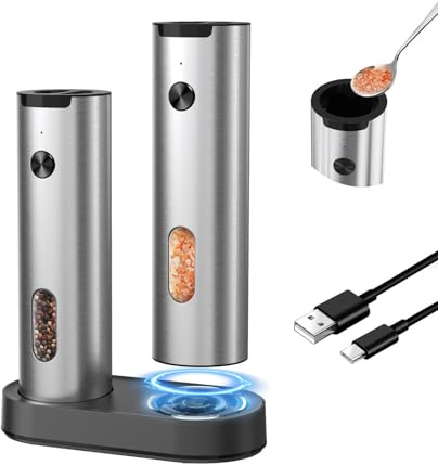 CIRCLE JOY Salz und Pfeffermühle Elektrisch, Edelstahl Wiederaufladbares Pfeffermühlen-Set mit Ladestation, 110 ml Befüllbar, Einstellbarer Grobheit, LED-Beleuchtung, Einhandbedienung, Silber