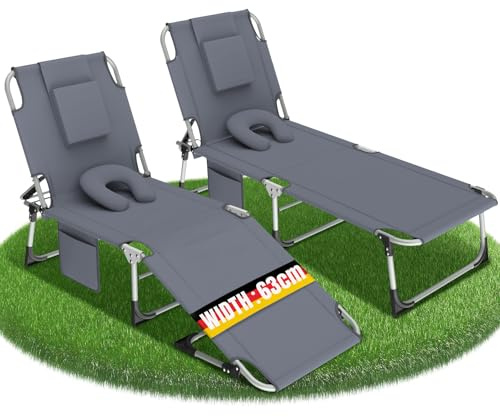 Sonnenliege Klappbare Gartenliege 2er,Liegestuhl mit Gesichtsöffnung、U-Kissen&3-Fach Verstellbarer Rückenlehne,Strandliege，Gartenstuhl，Relaxliege für Sonnenbaden,Strand,Garten,Camping,Dunkelgrau