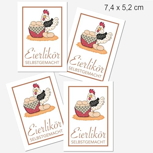 Handmade - 32 Stk. Eierlikör Etiketten mit Huhn Motiv – selbstklebende Flaschenetiketten für Likörflaschen