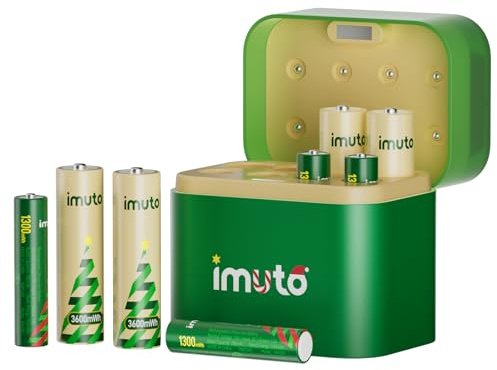 imuto Batterie ricaricabili AA×4 e AAA×4 al litio con caricabatterie ibrido, 1,5V Pile tripla A e doppia A (3A), batteria agli ioni di litio con caricabatterie ibrido Ni-MH/litio (edizione natalizia)