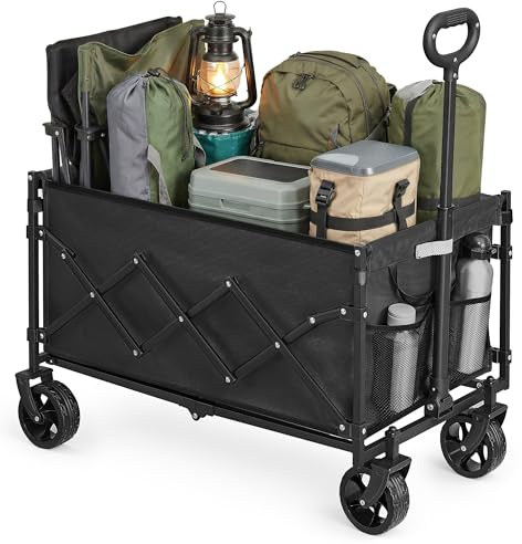 SONGMICS Liten hopfällbar handkärra, trädgårdsvagn, kompakt, med handtag, med 4 förstärkta hjul, varav 2 universalhjul, lastbar upp till 120 kg, utomhus, trädgård, 150 L, bläcksvart GFW150BH01