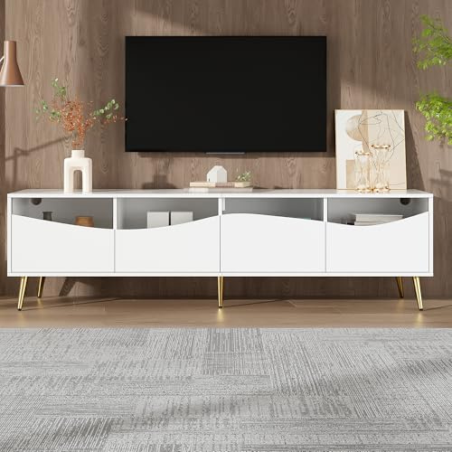 Merax Hochglanz TV Möbel für Wohnzimmer LED Fernsehschrank,Weißer TV Lowboard mit Glasfront & Goldenen Metallfüßen,für 70 Zoll Fernseher,App-Steuerung,180x40x50 cm