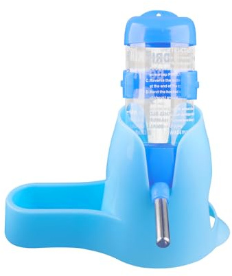 Hopzab Hamster Water Bottle Automatic Feeder, 80ml No Drip Drinking Dispenser with Stand for Small Animals like Guinea Pig, Rabbit, Rat– Free Standing or Hanging Design (Blue)