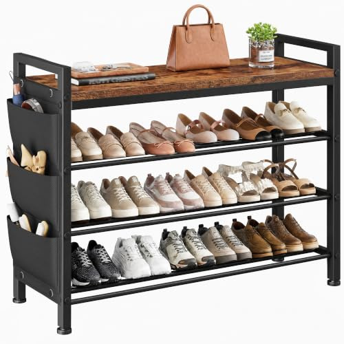 Schuhregal platzsparend 4 Ebenen für 12-16 Paar, Schuhschrank schmal mit Seitentaschen, Schuhregal Holz & Metall, Schuhablage für Eingangsbereich,Flur,Wohnheim, 30 x 76 x 76.5 cm,Vintagebraun-schwarz