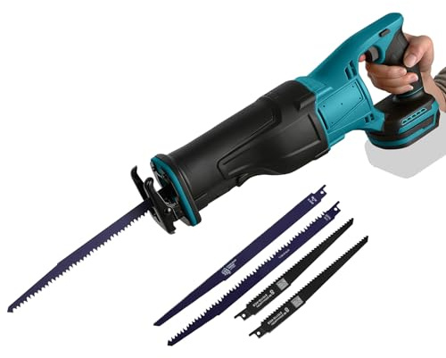 Scie sabre sans fil compatible avec batterie Makita 18 V, scie sabre sans balais avec 3500 tr/min et 4 lames de scie, régulateur de vitesse en continu, pour couper le métal, le bois, le plastique