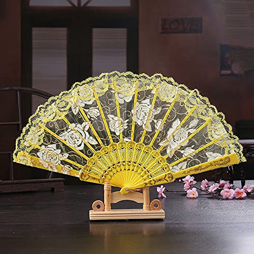 Hochzeitsfächer Spitze,Handfächer Spanische Barock Viktorianischen Faltfächer Klappfächer Vintage Damen Herren Folding Fans Fächer für Hochzeit Geschenk Party Kostüm Karneval Tanzen Fasching,Gelb