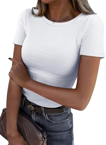 Roselux Women Crew Neck Ribbed Fitted Tight Tshirt Short Sleeve Shirt Basic Knit Top(3695,White-S)