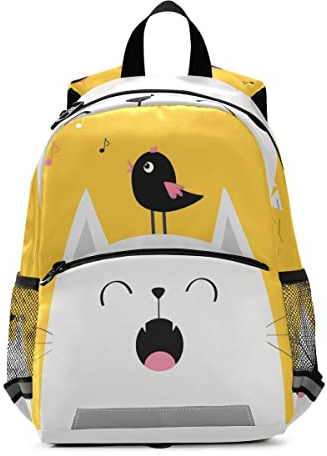 Mnsruu Rucksack mit individuellem Namen, personalisierbar, für Jungen und Mädchen, weiße Katze, Tier, gelber Rucksack, Kindergarten, Vorschule, Kindergarten, Reisetasche, Multi 27, M