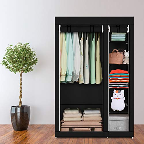 Oshion Kleiderschrank Faltschrank Stoffschrank Faltbare Garderobe Canvas mit Reißverschluss Stoffschrank Kleiderschrank mit Kleiderstange, Fächern (110 x 45 x 175 cm schwarz)