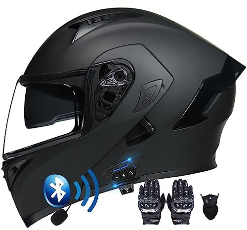Flip-up Motorcycle Helmet Modular Motorbike Helmets ECE Approved Motorcycle Helmet Bluetooth with Gloves Mask Double Visors Anti-fog Noise Reduction Crash Racing Helmet Men Women