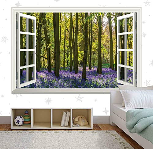 3D Smashed Wall Effect Purple Flowers Trees Window Wall Sticker Art Vinyl Decal Decor Mural 80x120cm