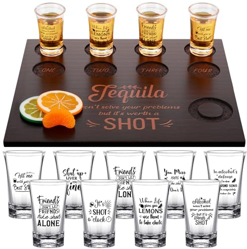 Suclain Shot Glasses Set with 16 Pcs 1oz/30 ml Clear Plastic Glasses Whiskey Tequila Glass Cups Shot Glass Tray Holder Organizer for Liqueurs Party Club Home Bar Drinking