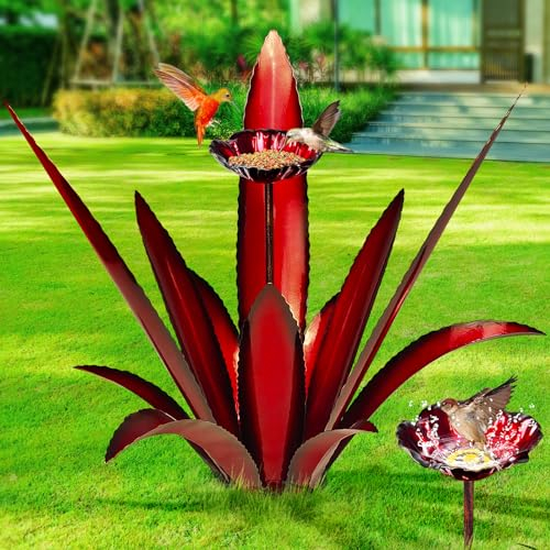 AKOJOY Plantas de agave de metal de 29.5 pulgadas para decoración al aire libre, escultura rústica de tequila grande, decoración del hogar de baño de pájaros al aire libre, decoraciones de césped de