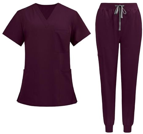 Oshhni Uniformi infermieristiche Scrub Set Tute da lavoro infermieristiche Infermiera Top Pantaloni Uomo Donna Abiti da lavoro Comodo abbigliamento da lavoro, rosso scuro, XL