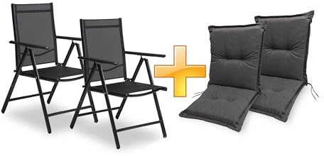 sunnypillow 2er Set Gartenstühle und Gartenstuhlauflagen Niedriglehner - 100x50x9 cm Auflage wasserdicht UV-lichtecht - Klappsessel Klappstuhl für Garten Polsterauflagen Stuhlauflage - Anthrazit