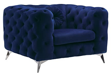 Luxury Classic Chesterfield Button Tufted Fabric Upholstered Armchair Loveseat Couch Furniture with Square Arms and Chrome Metal Legs for Home Office Living Room (Purple Loveseat) (Blue Armchair)