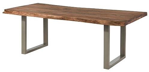 MASSIVMOEBEL24.DE | Freeform 5 - Baumtisch aus Sheeshamholz - grau gebeizt | + U-Beine in Silber matt | 220x100x77 | Massivholztisch Baumkantentisch Esstisch