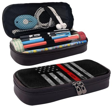 MQRCGYKF Trousse à crayons à paillettes argentées en cuir synthétique avec fermeture éclair, grande capacité, trousse de maquillage., Drapeau hache de pompier ligne rouge, Taille unique, Sac à dos