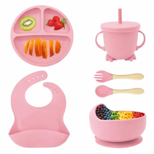Eliano Set di stoviglie per bambini in silicone da 6 pezzi – piatto antiscivolo, ciotola, bicchiere con cannuccia, forchetta, cucchiaio, bavaglino – lavabile in lavastoviglie, senza BPA, adatto al