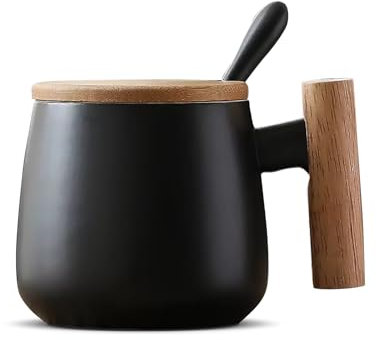 BALTHŌ - Taza negra ceramica desayuno Té y Café (350ml). Grande, tapa y asa de madera, estilo nórdico (Negro). (350ml). Con cuchara. Café Espresso,Latte, Macchiato. Taza de regalo (Negro)