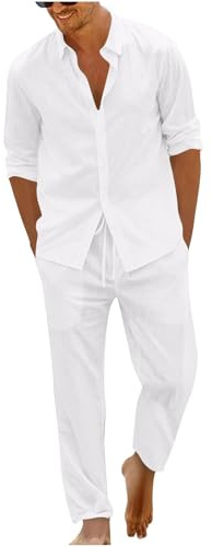 Mrat Mens Cotton Linen Tracksuit Short Sleeve Button Down Shirts Tops Drawstring Wide Leg Trousers Summer Casual Co Ord Sets Holiday Hawaiian Vacation Beach Wedding Running Sports Athletic