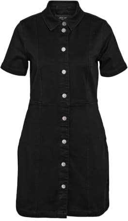 Noisy May Womens Denim Dress with Button Placket and Collar Short Sleeve Knee-Length, Colours:Black, Size:L
