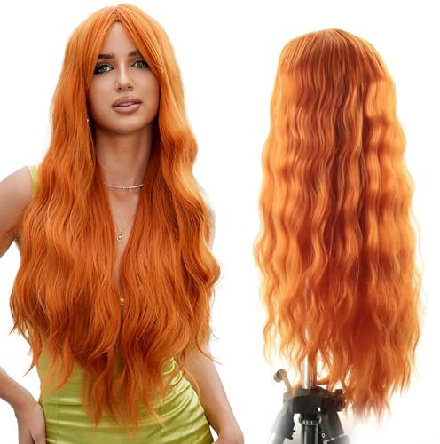 JSTHHTT 65cm Lungo Ricci Parrucche Donna, Ondulato Zenzero Arancione Parrucche, Lungo Wavy Middle Part Sintetico fibra Ricci Capelli, parrucca cosplay sintetica dall'aspetto naturale per le Donn