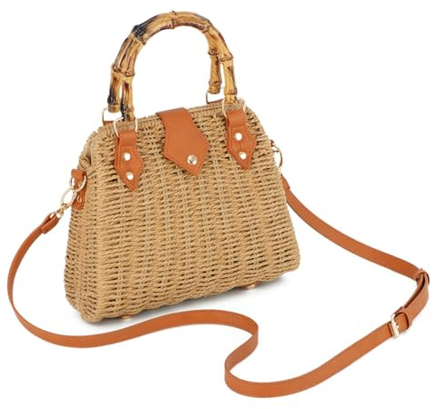 EVEOUT Bolso Bandolera Ratán para Mujer Verano Boho Chic Bolsos Cesta de Mimbre Tejido con asa de Bambú para Playa Vacaciones