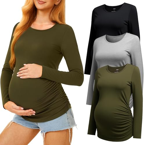 MIRAZEN 3 Pack Maternity Shirts Long Sleeve Pregnancy Top for Women with Crew Neck Casual Tee Shirts, Black/Light Grey/Army Green, Medium